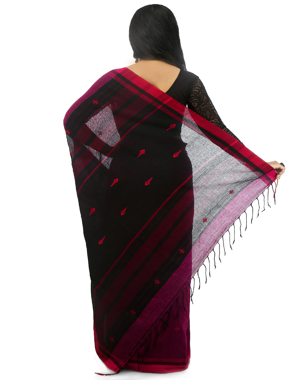Pink and black handwoven cotton bengal saree