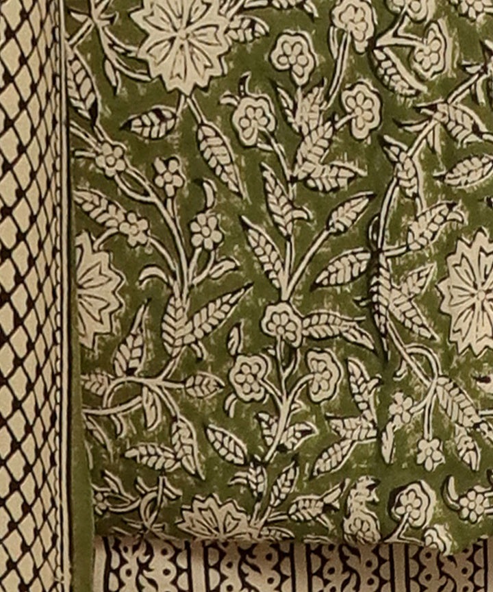 3pc Green beige handblock print cotton bagru dress material