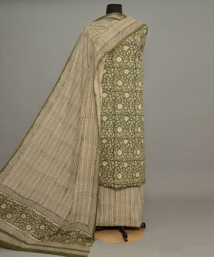 3pc Green beige handblock print cotton bagru dress material