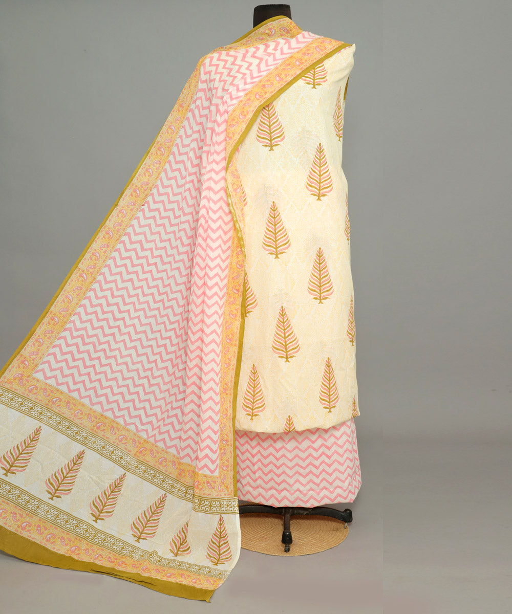 3pc Cream pink handblock print cotton bagru dress material