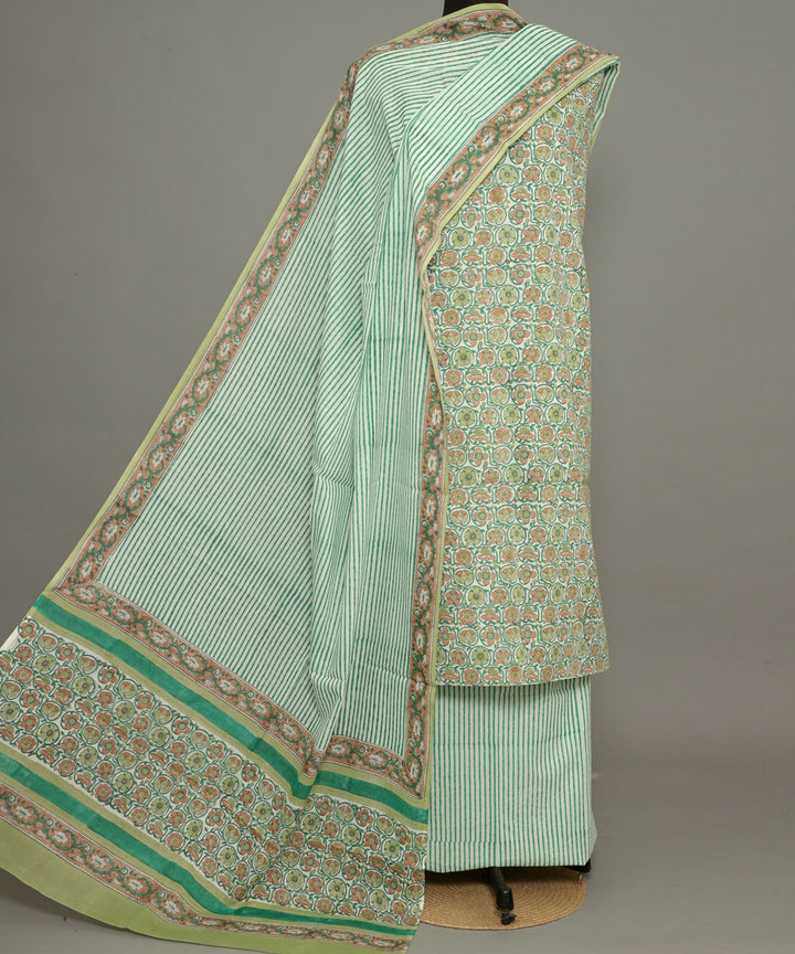 3pc Beige blue handblock print cotton bagru dress material