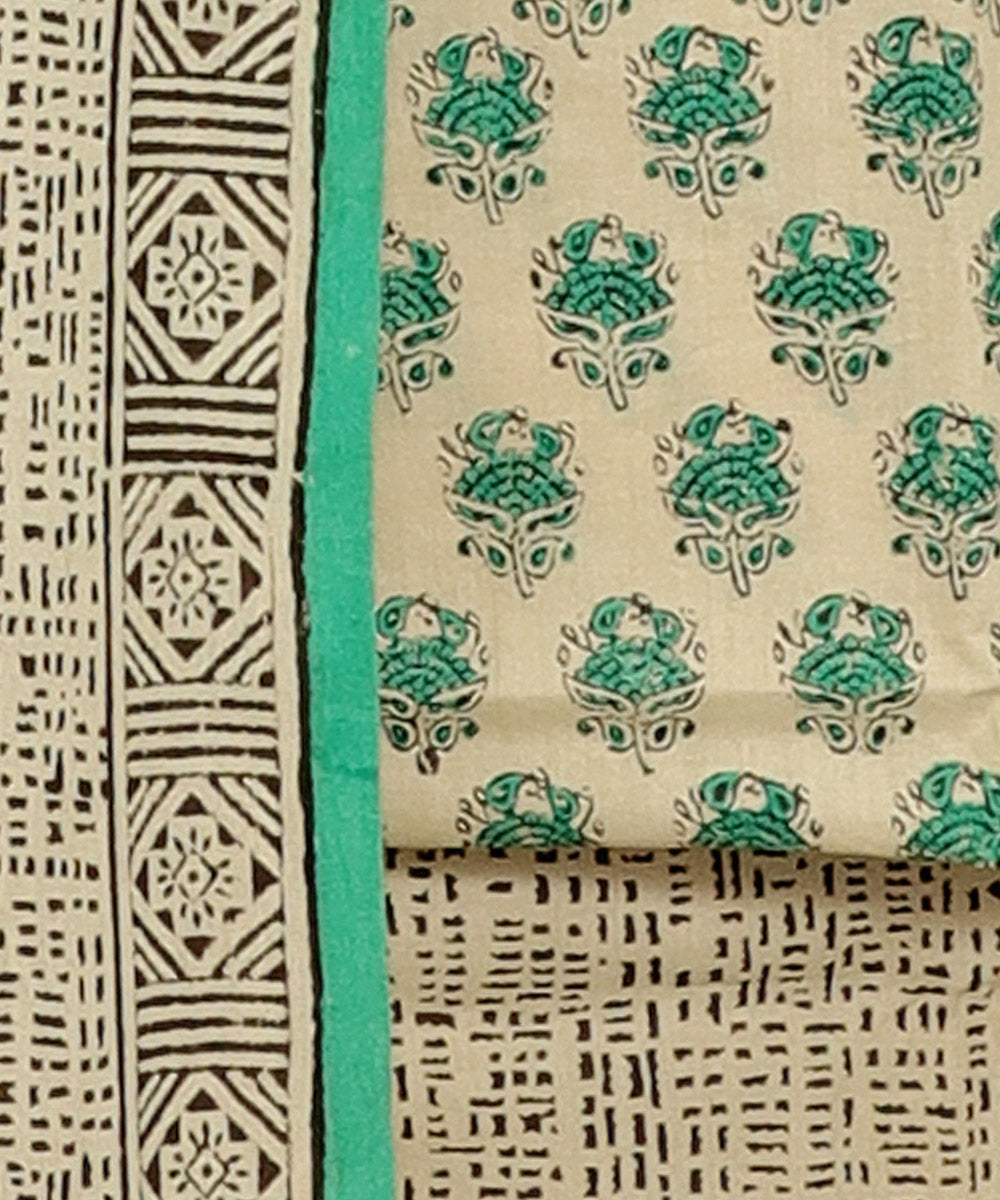 3pc Beige green handblock print cotton bagru dress material