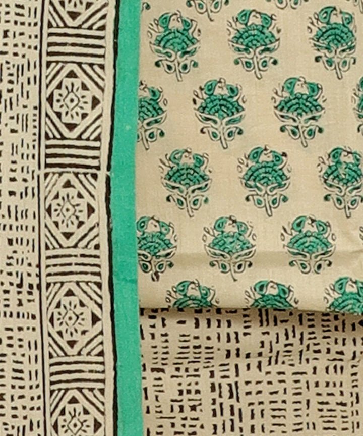 3pc Beige green handblock print cotton bagru dress material