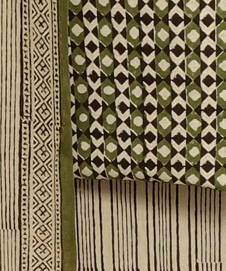 3pc Beige green hand block printed cotton bagru dress material
