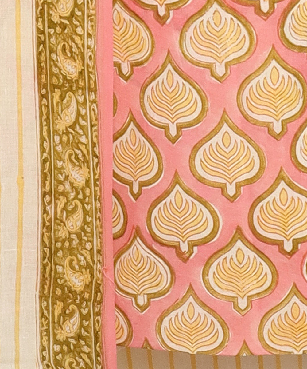 3pc Pink yellow hand block printed cotton bagru dress material