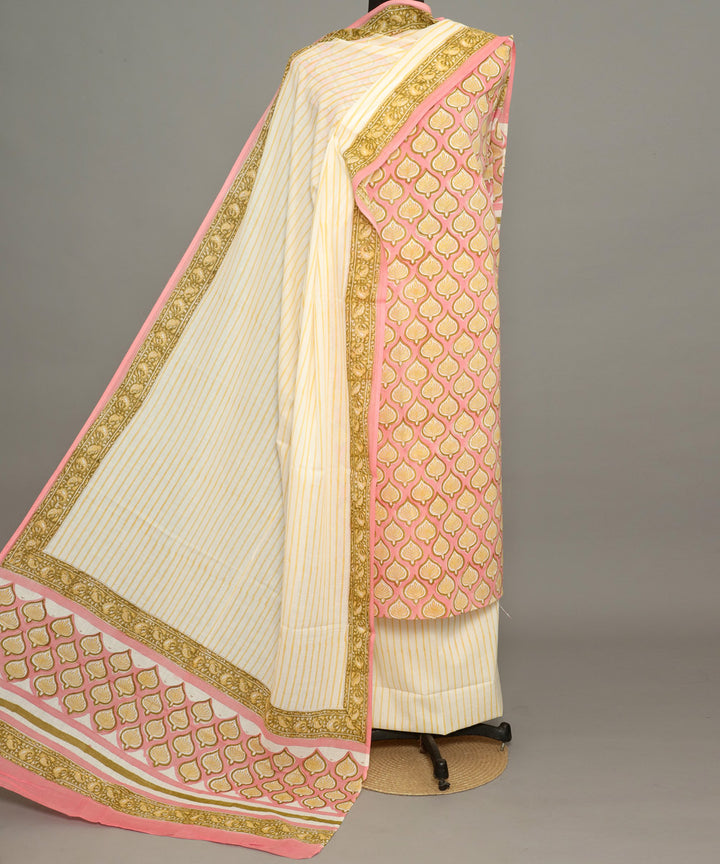 3pc Pink yellow hand block printed cotton bagru dress material