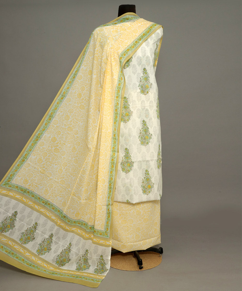 3pc White yellow handblock print cotton bagru dress material