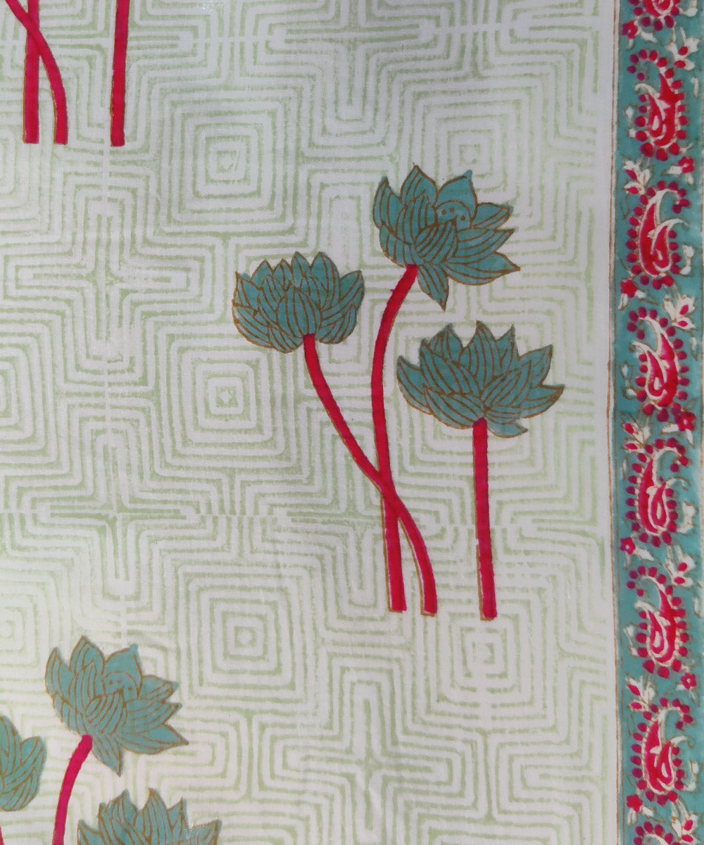 3pc White green handblock print cotton bagru dress material