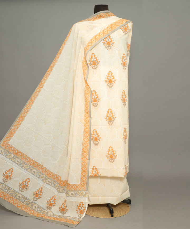 3pc White orange handblock print cotton bagru dress material