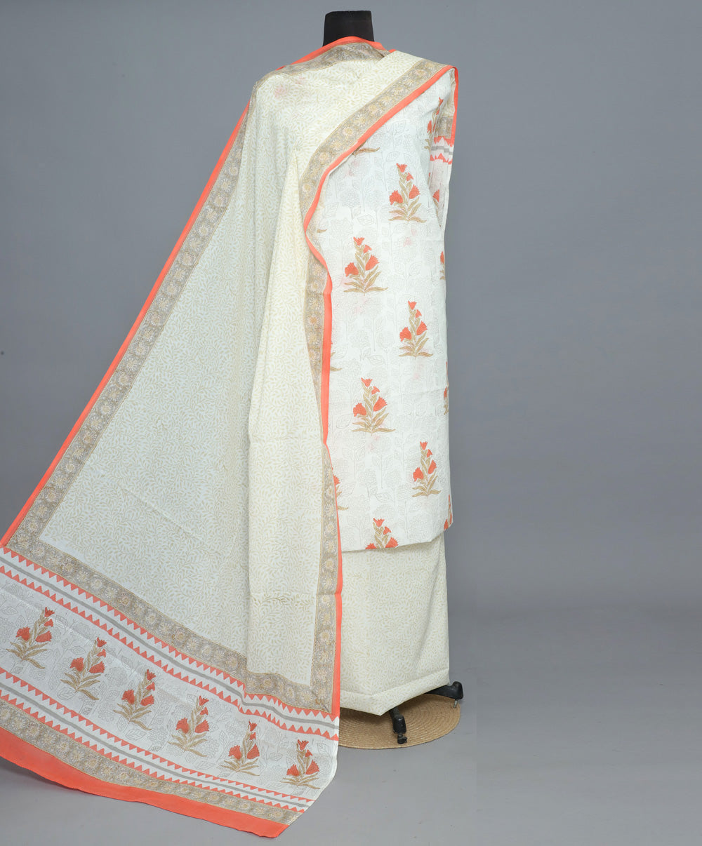 3pc White orange hand block print cotton bagru dress material