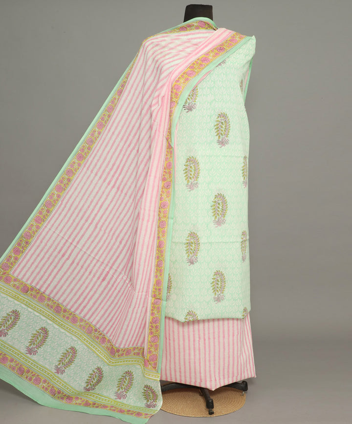 3pc Green pink handblock print cotton bagru dress material