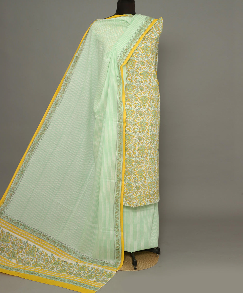 3pc Yellow green handblock print cotton bagru dress material