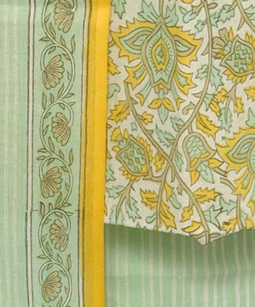 3pc Yellow green handblock print cotton bagru dress material