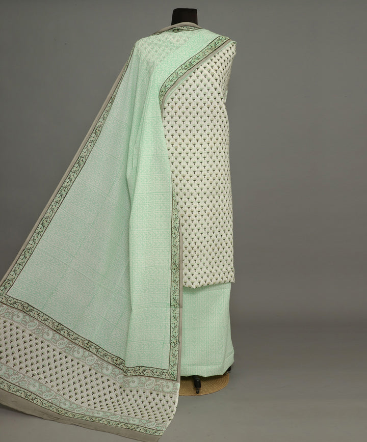 3pc White green hand block print cotton bagru dress material