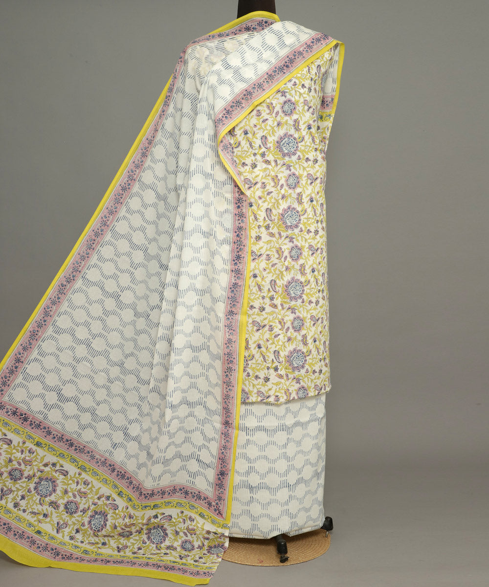 3pc Yellow white handblock print cotton bagru dress material
