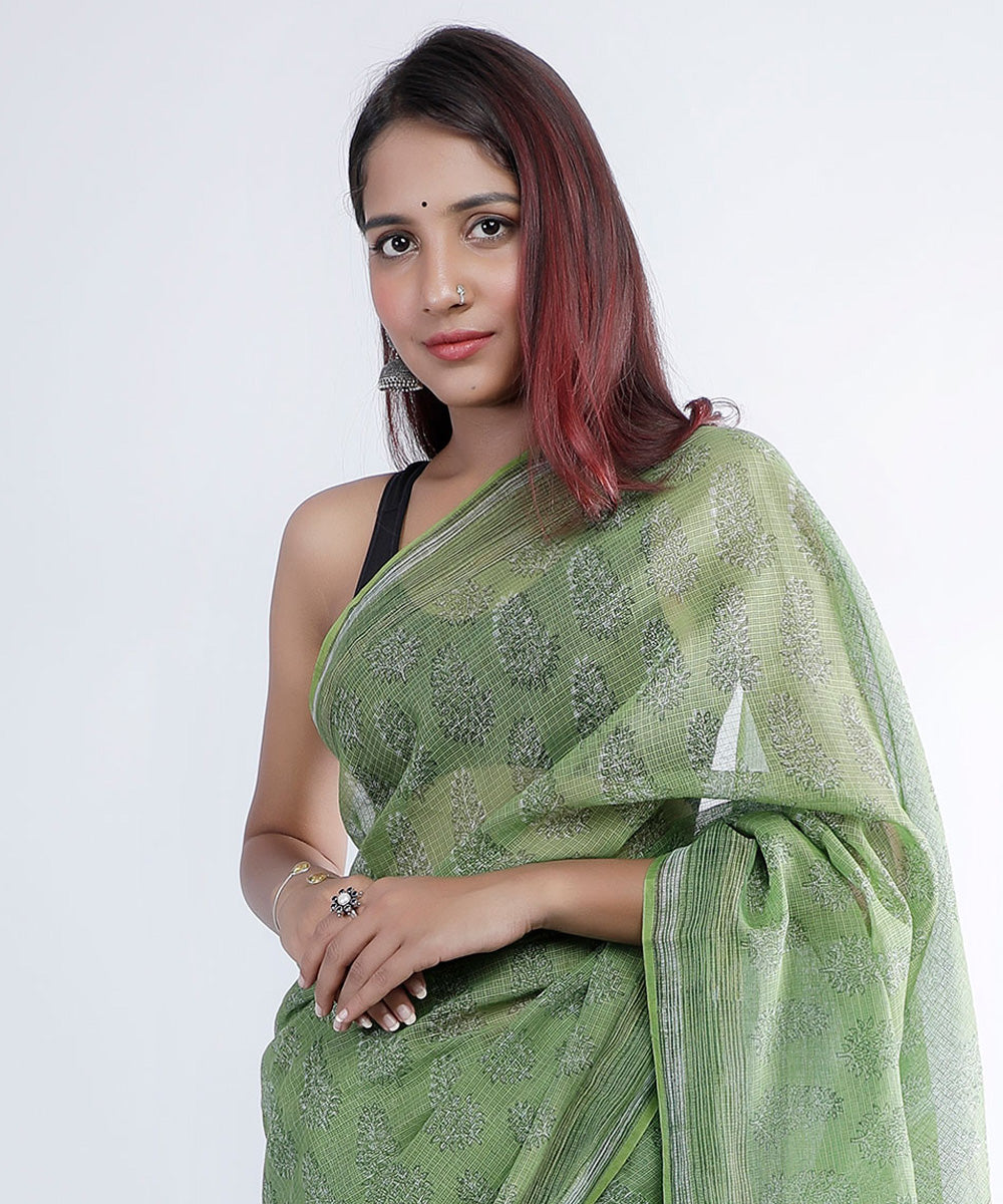 Olive green hand print cotton kota doria saree