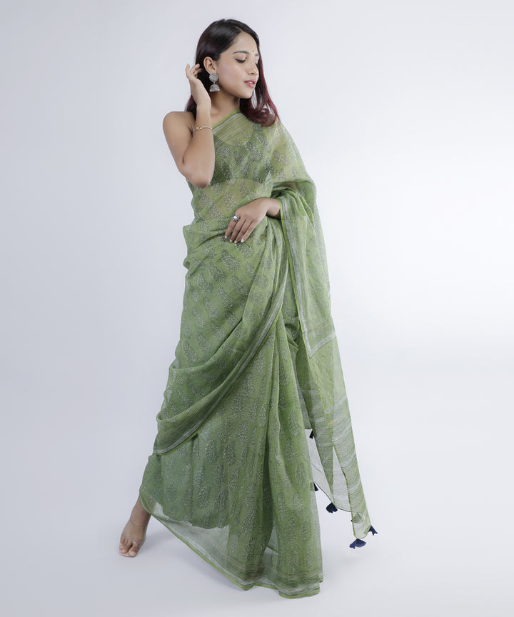 Olive green hand print cotton kota doria saree