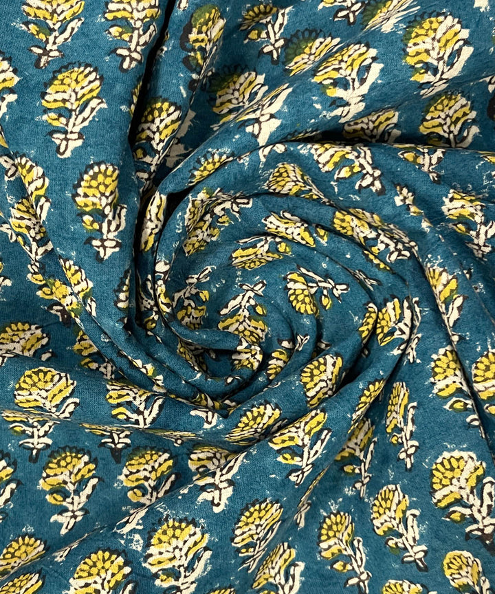 Blue yellow hand print cotton bagru kurta material (2.5m per qty)