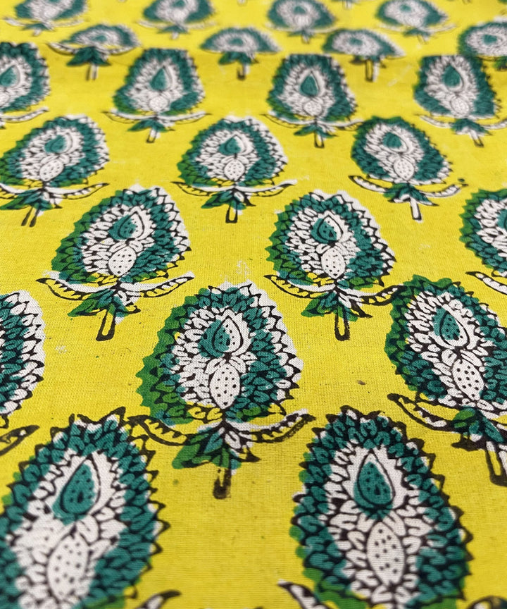 Yellow green hand print cotton bagru kurta material (2.5m per qty)