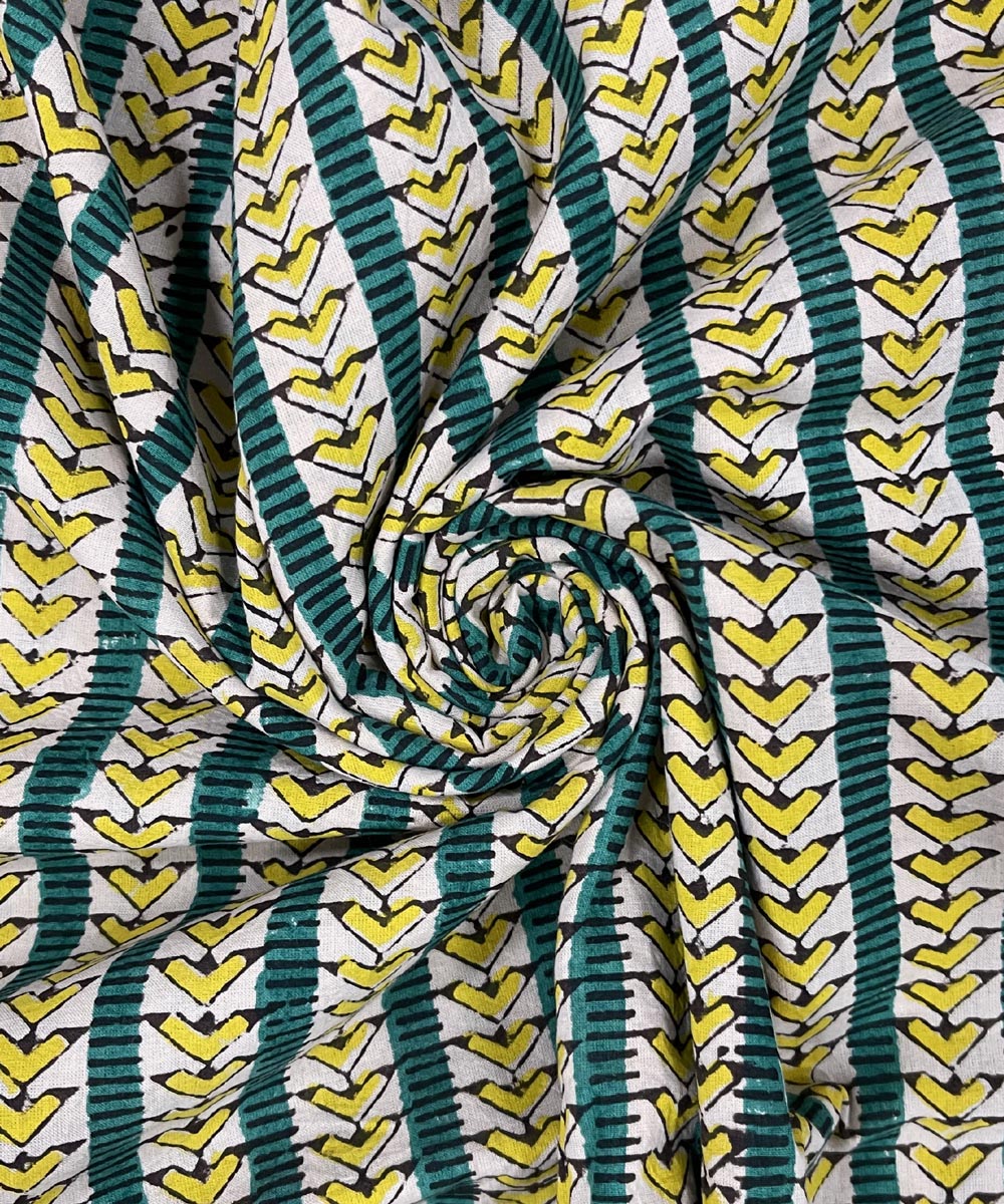 Green yellow hand print cotton bagru kurta material (2.5m per qty)