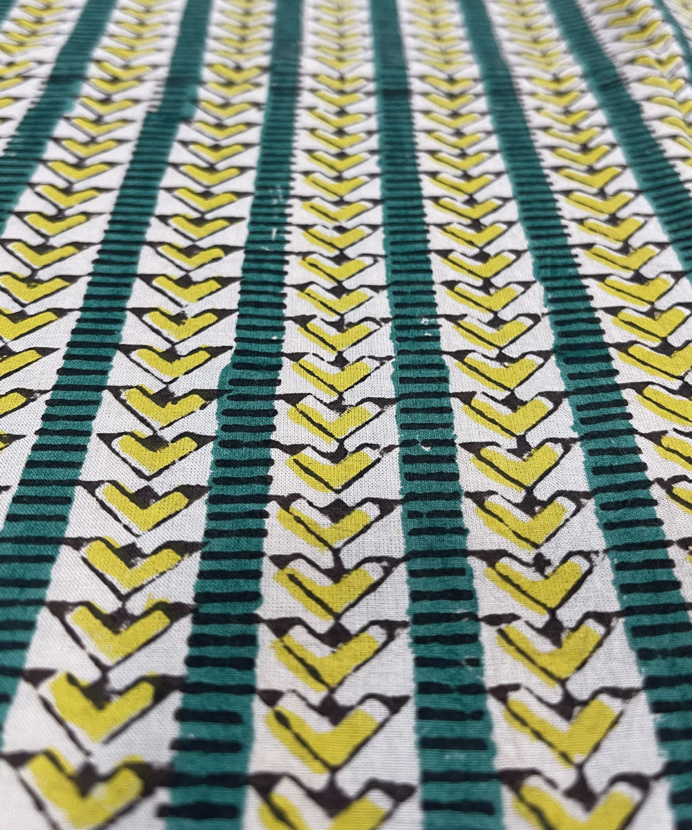 Green yellow hand print cotton bagru kurta material (2.5m per qty)