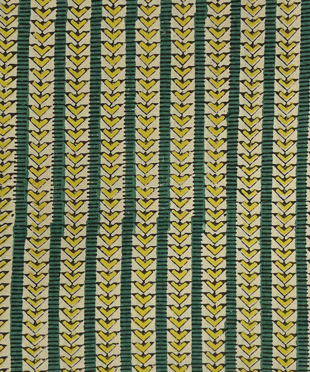 Green yellow hand print cotton bagru kurta material (2.5m per qty)