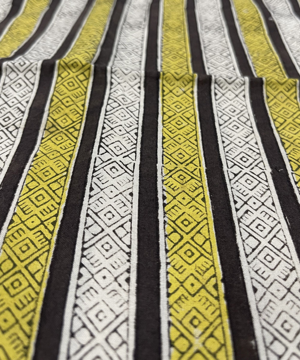 Yellow black hand printed cotton bagru kurta material (2.5m per qty)