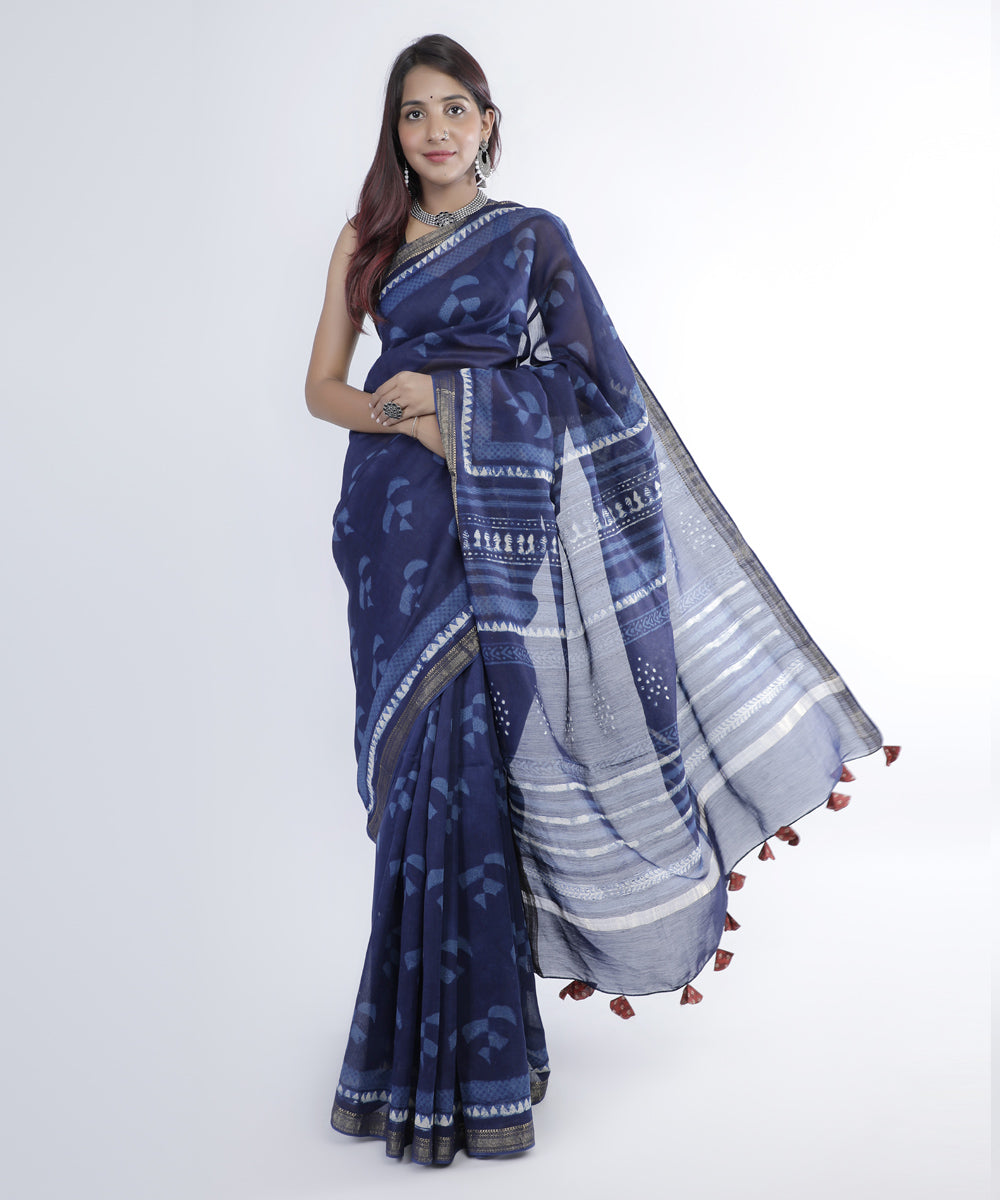Indigo blue hand printed cotton silk chanderi saree