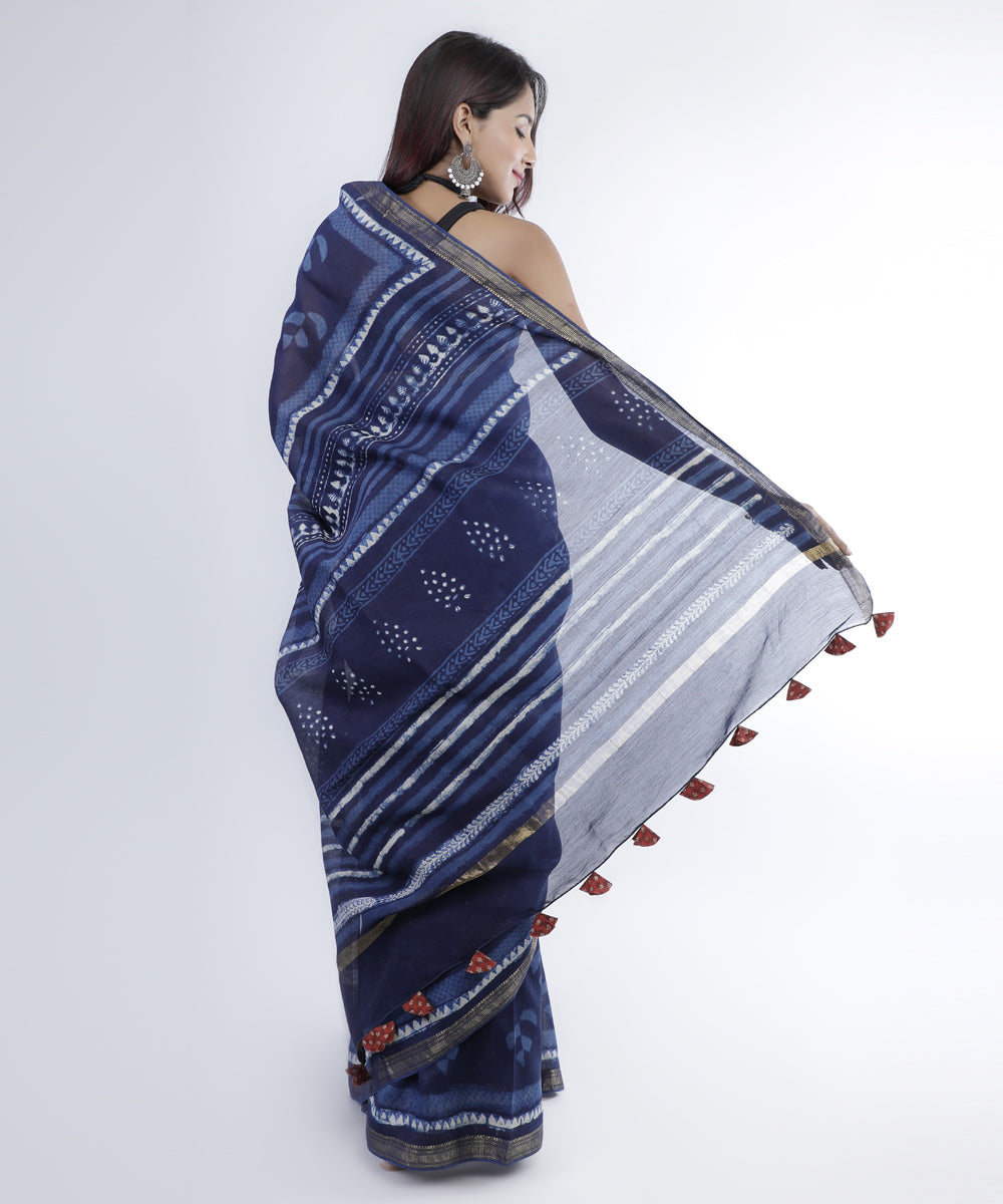 Indigo blue hand printed cotton silk chanderi saree