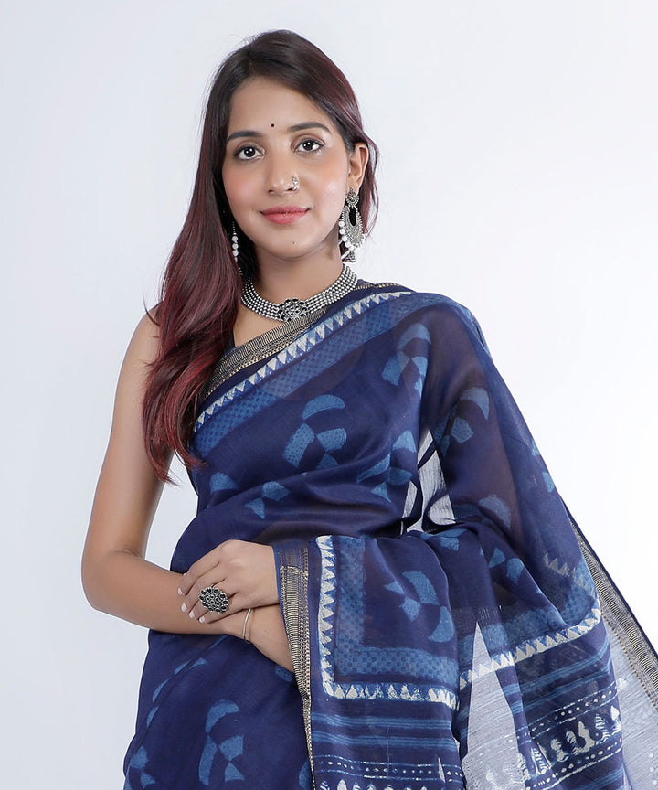 Indigo blue hand printed cotton silk chanderi saree