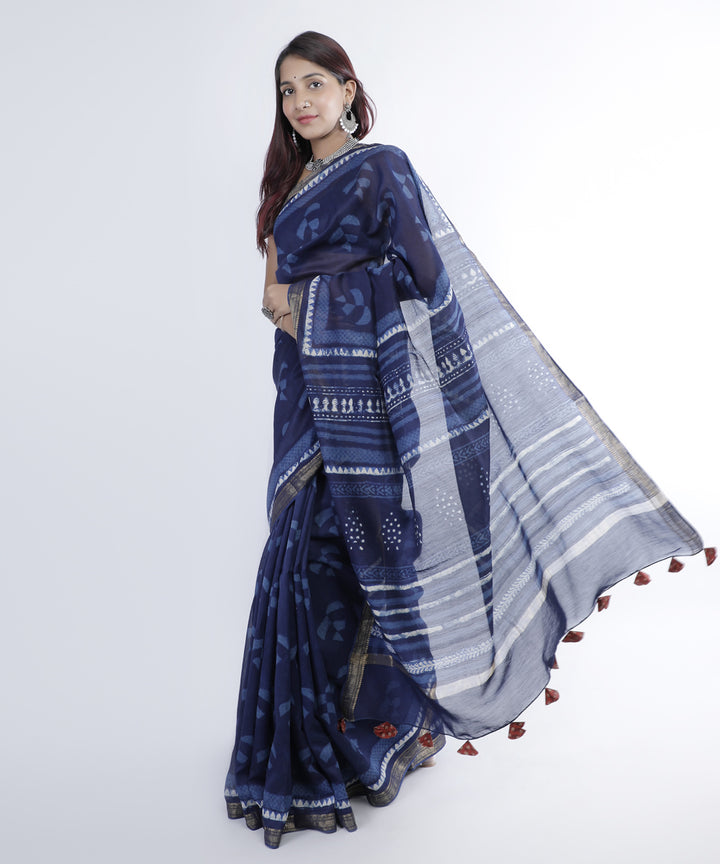Indigo blue hand printed cotton silk chanderi saree