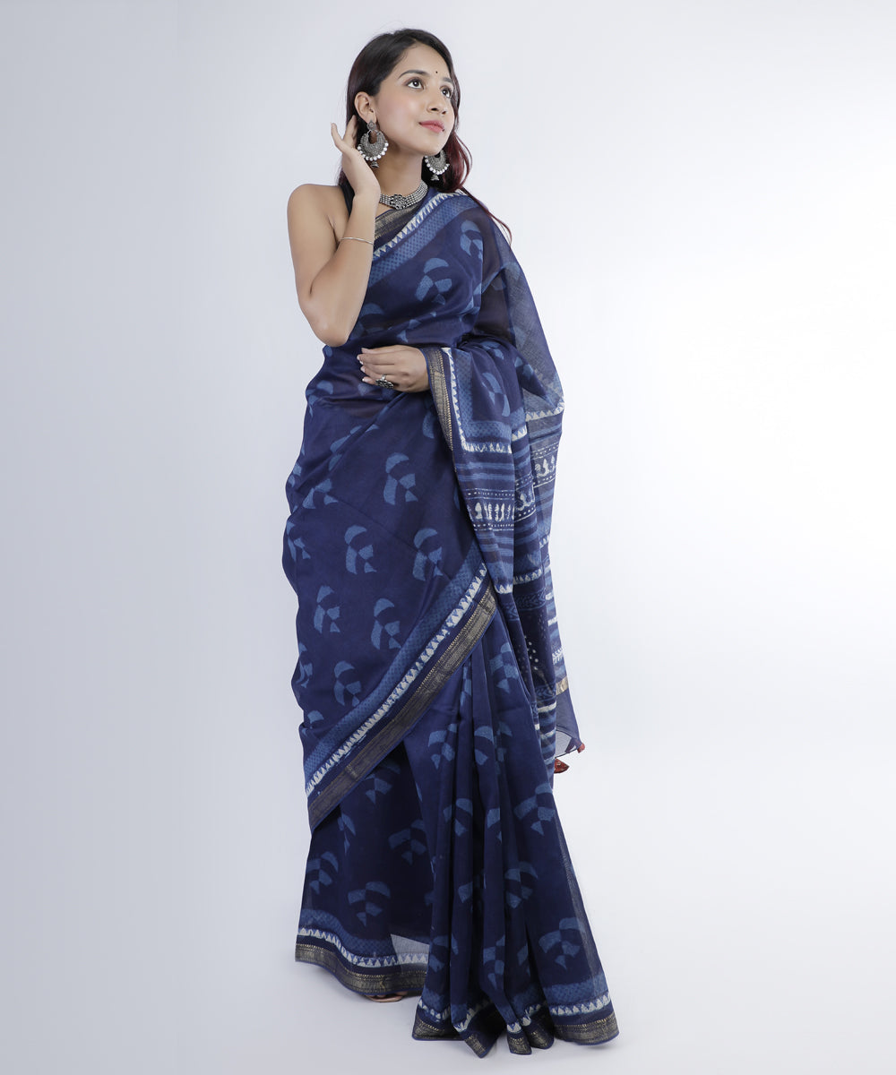 Indigo blue hand printed cotton silk chanderi saree