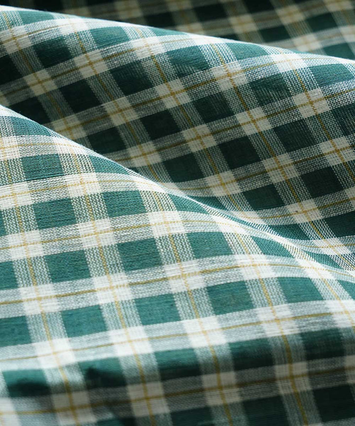 Green white handspun handwoven ponduru cotton checks fabric