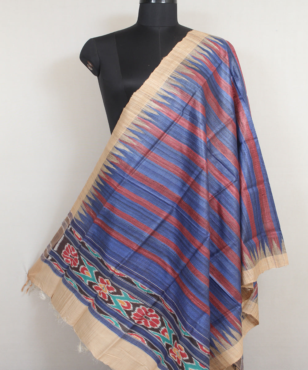 Blue maroon stripes handwoven gopalpur tussar odisha ikat dupatta