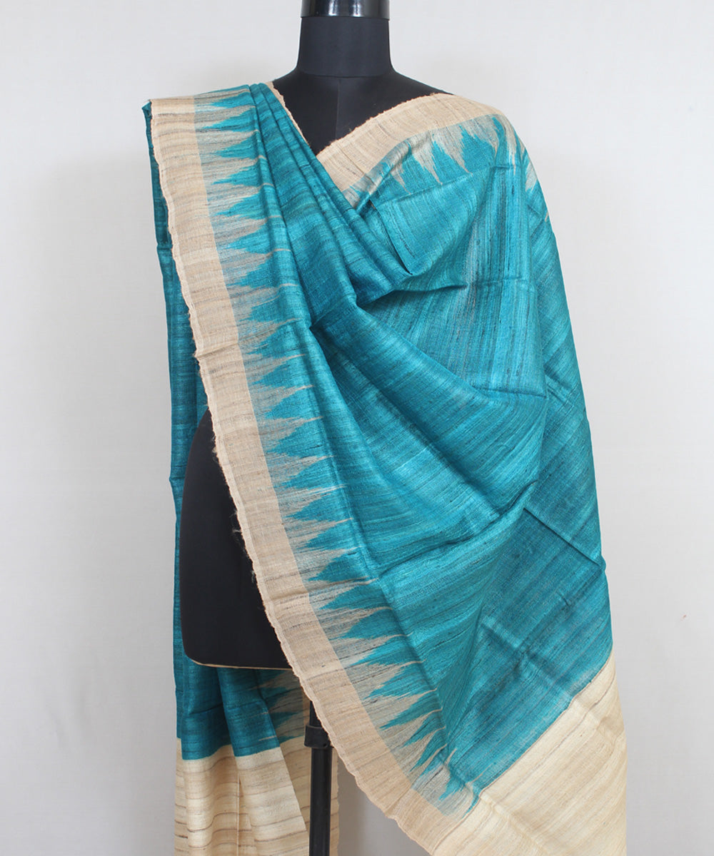 Cyan beige handwoven gopalpur tussar odisha ikat dupatta