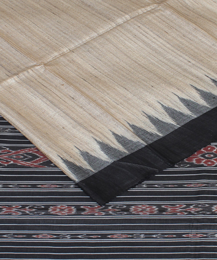 Beige black odisha ikat handwoven gopalpur tussar saree