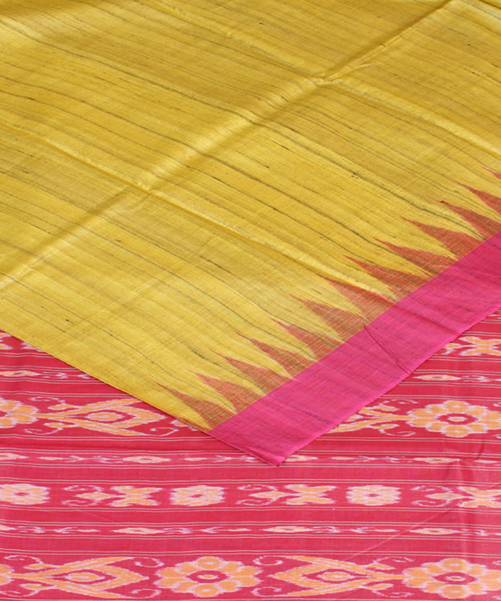 Yellow pink odisha ikat handwoven gopalpur tussar saree