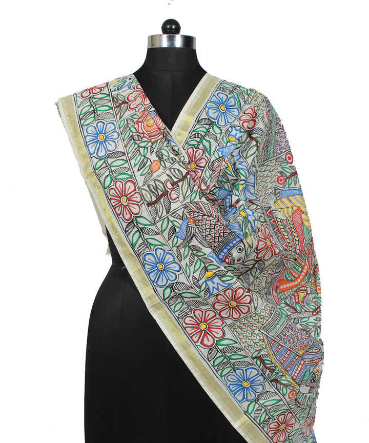 Madhubani hand painted white dupatta with golden border