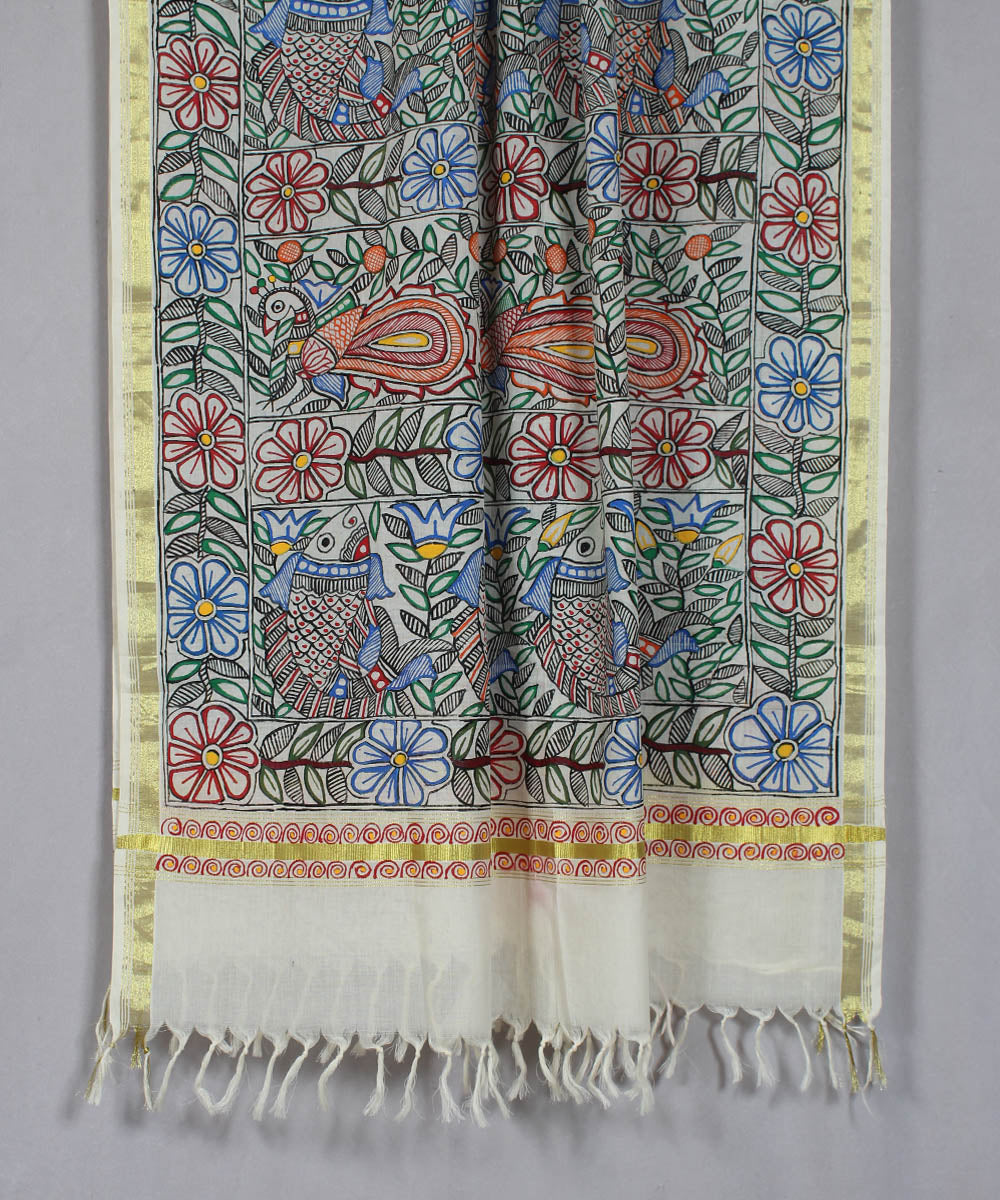 Madhubani hand painted white dupatta with golden border