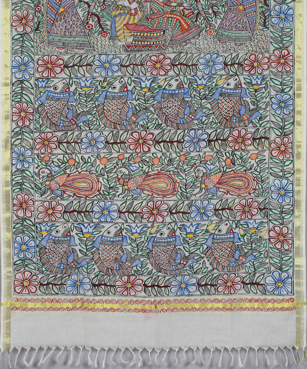 Madhubani hand painted white dupatta with golden border