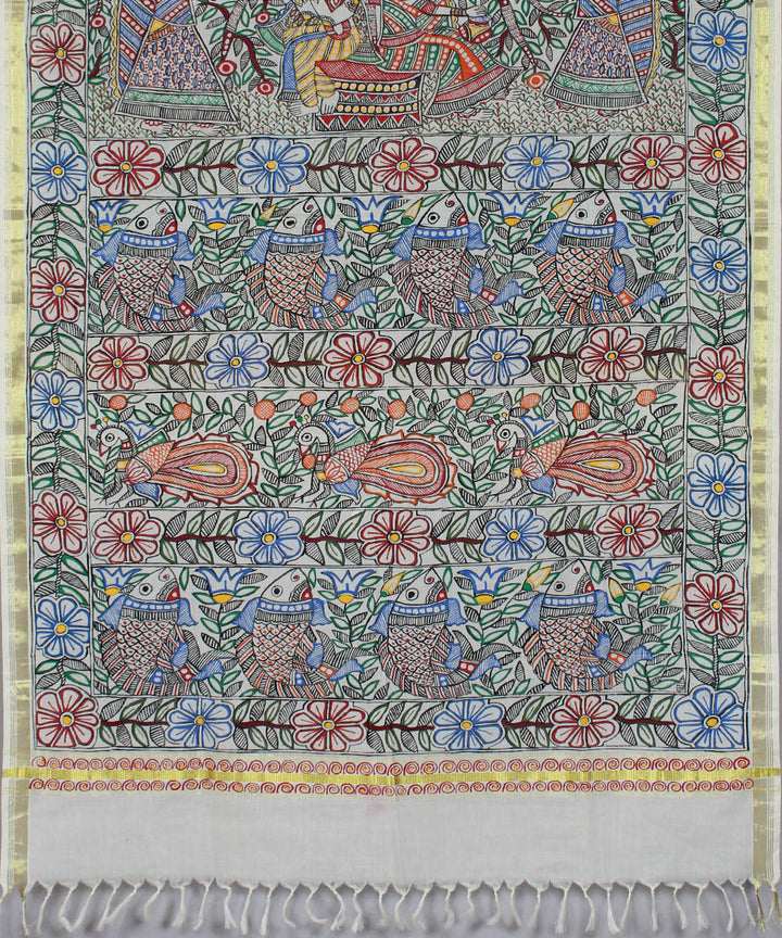 Madhubani hand painted white dupatta with golden border