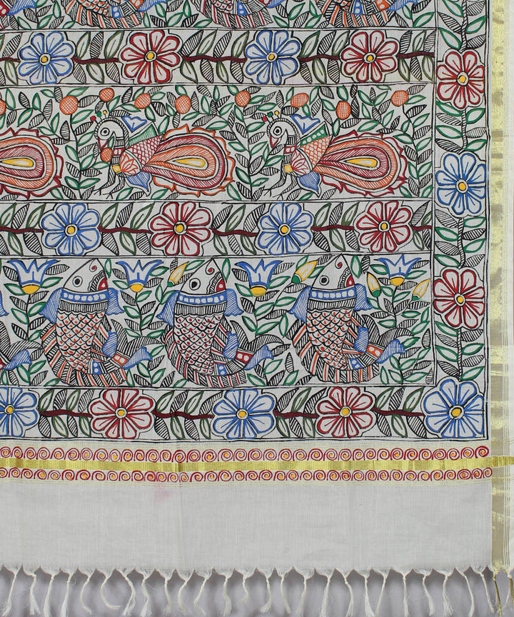 Madhubani hand painted white dupatta with golden border