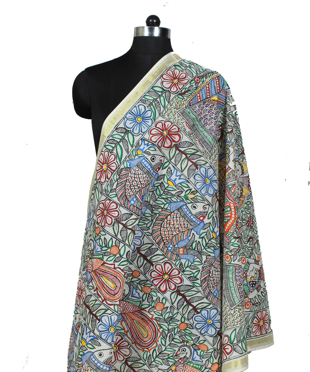 Madhubani hand painted white dupatta with golden border