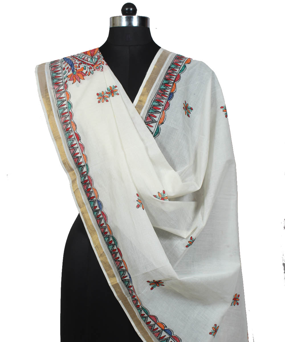 White madhubani hand painting dupatta with golden border