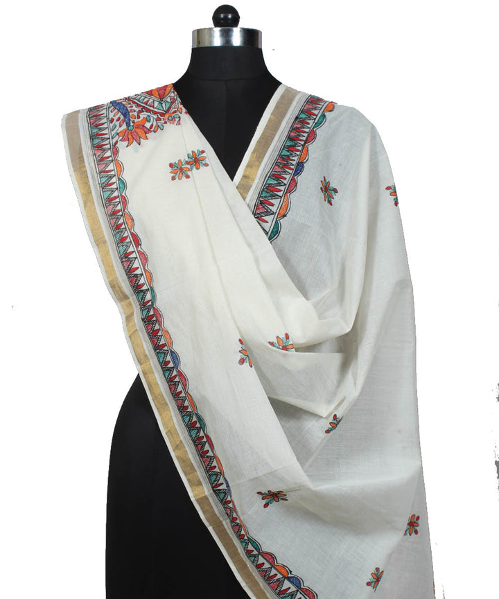 White madhubani hand painting dupatta with golden border