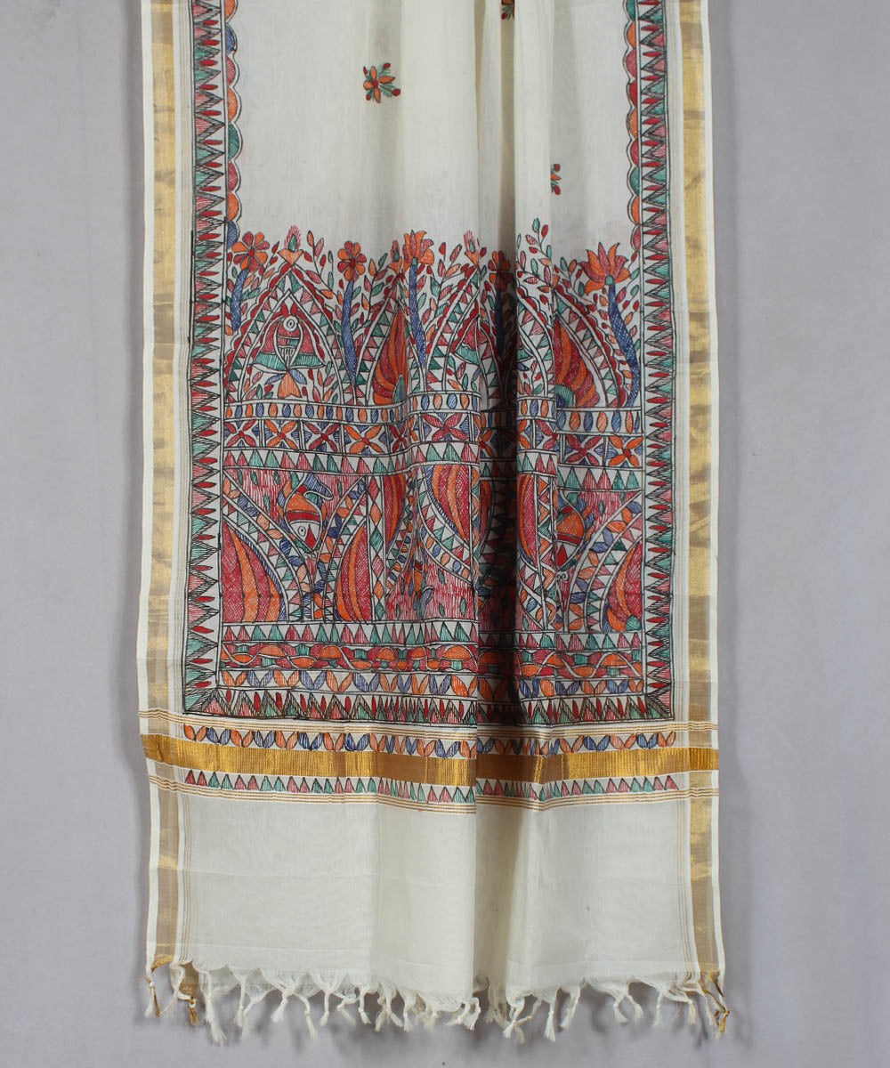 White madhubani hand painting dupatta with golden border