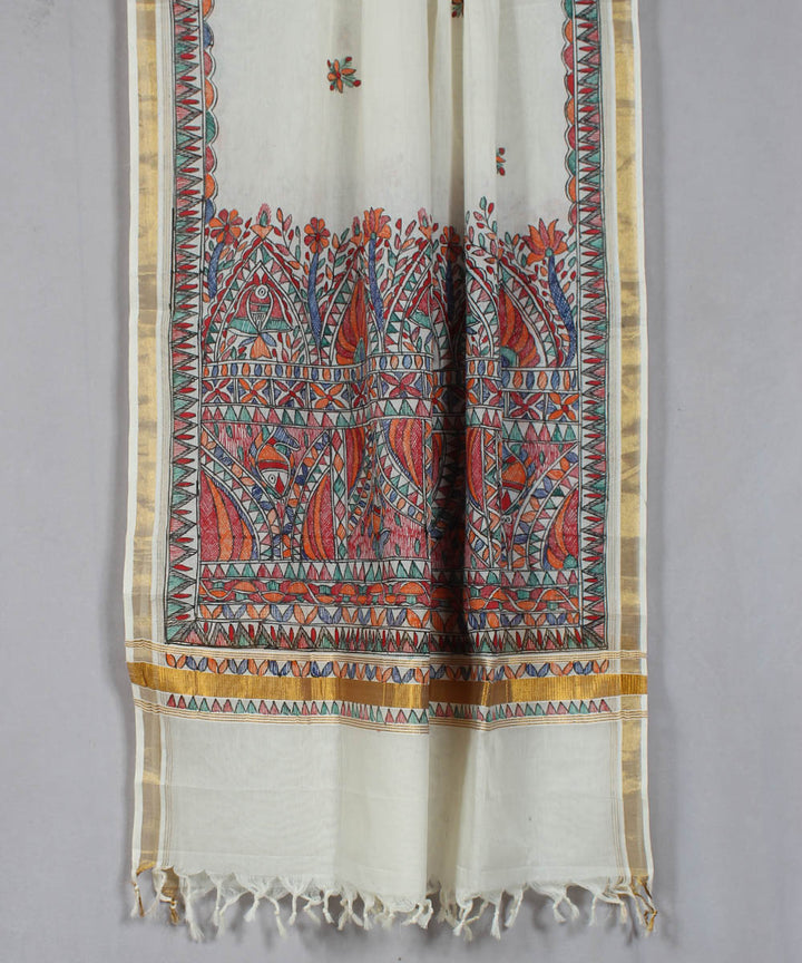 White madhubani hand painting dupatta with golden border