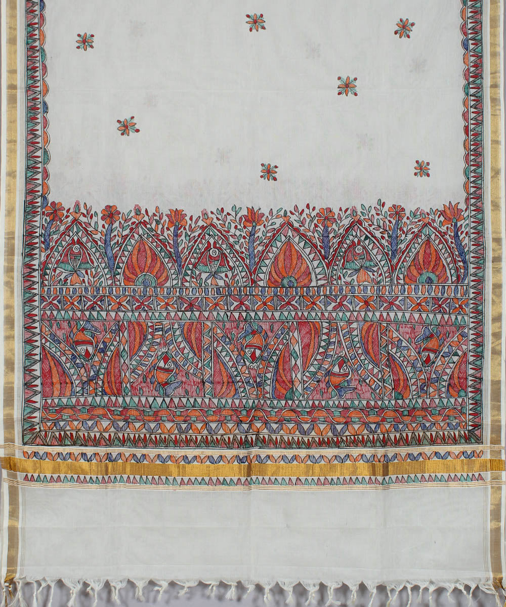 White madhubani hand painting dupatta with golden border