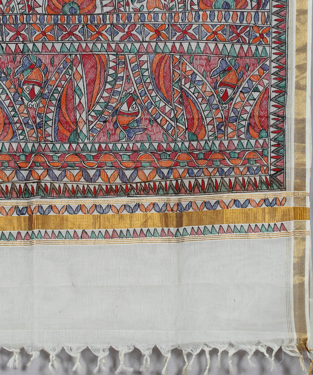 White madhubani hand painting dupatta with golden border