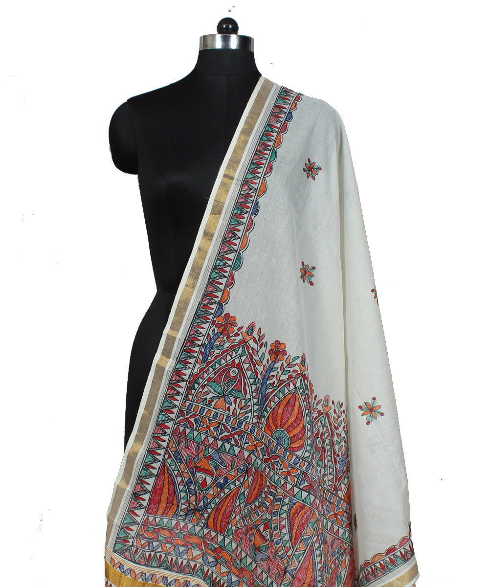 White madhubani hand painting dupatta with golden border